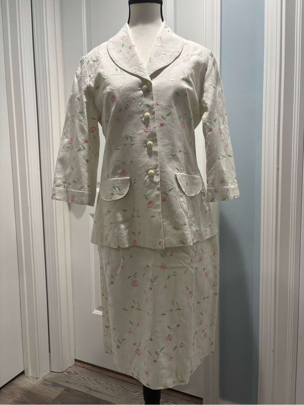White Floral Blazer & Skirt Set